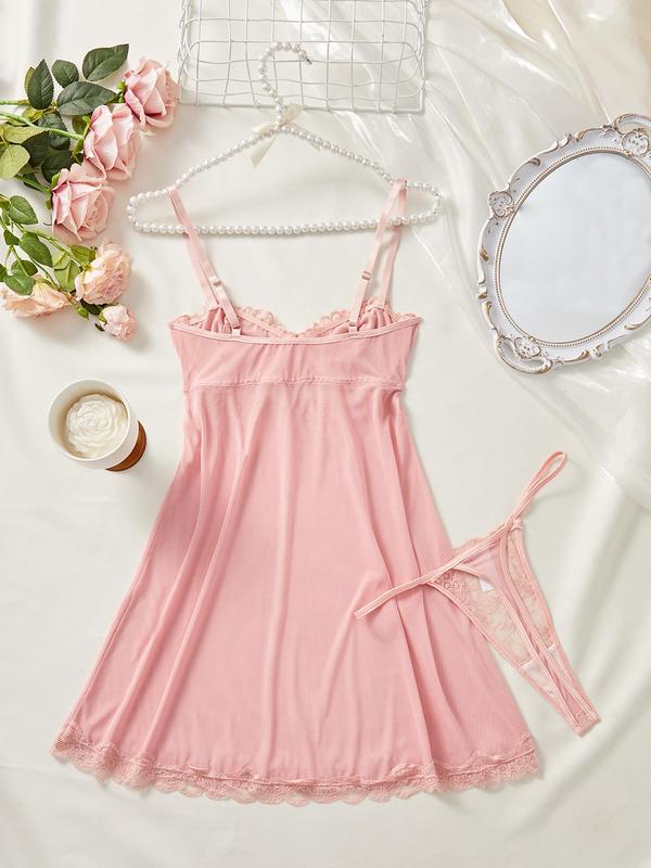 Women's Contrast Lace Bow Decor Cami Nightdress & Thong Tulle Sleepwear Two-Piece Set, Fashion Sheer Spaghetti Strap Sleeveless Nightgown & Panty Set, Ladies Sleepwear for All Seasons